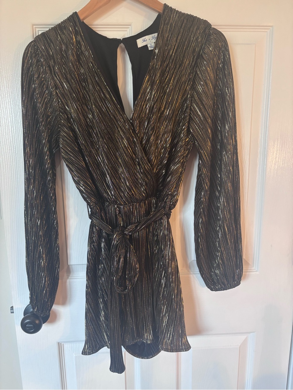 She + Sky Black & Gold Metallic Wrap Dress - Long Sleeve